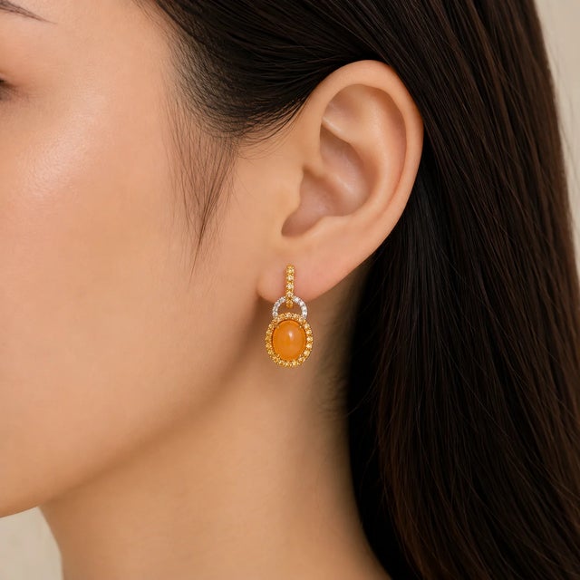Contemporary Late 20th Century Pair of 14K Yellow Gold Orange Chalcedony Diamond Citrine Earrings For Sale - Image 3 of 3