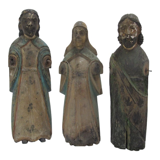 Spanish Colonial Santos Polychrome Carved Wood Saint & Jesus Icon Set of 3 For Sale