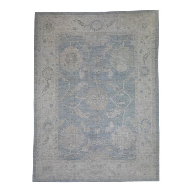Turkish Oushak Rug Hand Knotted Wool Rug in Soft Blue & Gray 12'9" X 17'3" For Sale
