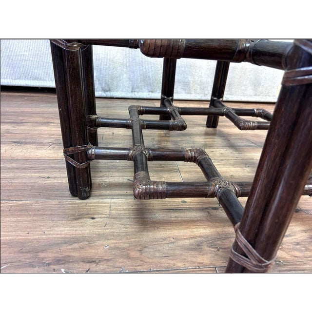 Vintage McGuire Bamboo Rattan Lattice Coffee Table With Pie Crust Glass Top For Sale In Los Angeles - Image 6 of 7