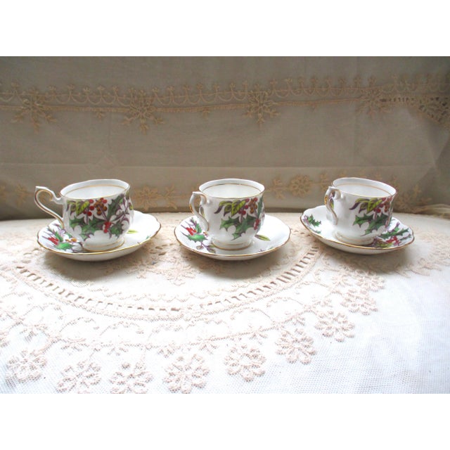 English 1950s Royal Albert Bone China Flower of the Month Series #12 Holly 3 Teacups & Saucers Set- 6 Pieces For Sale - Image 3 of 10