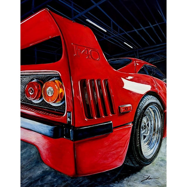 After Hours (1990 Ferrari F40) by Shan Fannin | Acrylic on Canvas Red Ferrari F40 in a garage setting For Sale