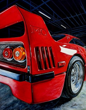 After Hours (1990 Ferrari F40) by Shan Fannin | Acrylic on Canvas Red Ferrari F40 in a garage setting