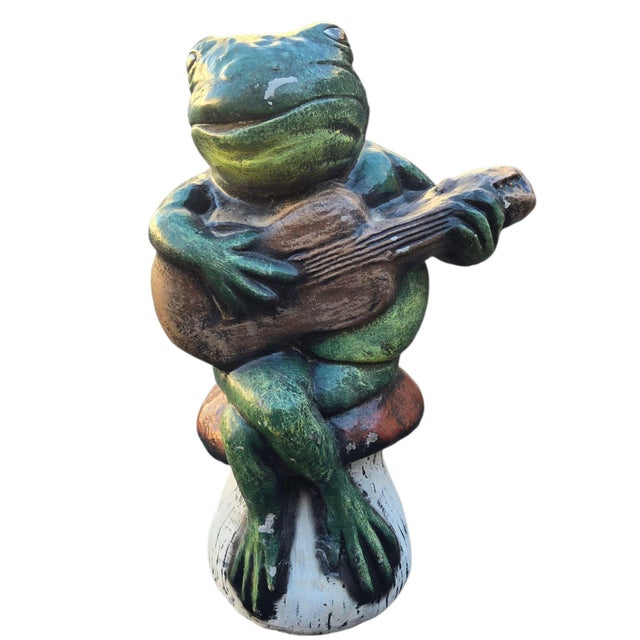 Anthropomorphic Frog Playing Guitar Mushroom Cement Sculpture Yard Art Statue For Sale - Image 9 of 18