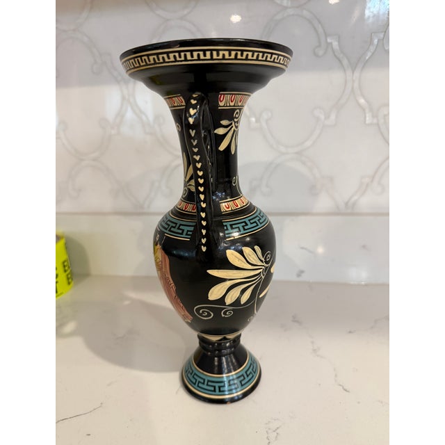 2000 - 2009 Made in Greece. Hand Painted 2 Handled Vase. 11 Inches Tall For Sale - Image 5 of 6