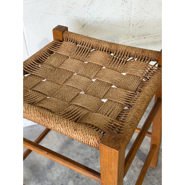 Oak Stool With Woven Cord Seat Rustic Scandinavian Vintage Mid-Century Modern 1970s For Sale - Image 9 of 10