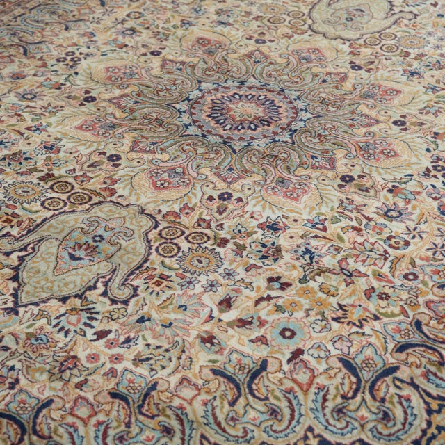 Large Vintage Persian Floral Area Rug in Ivory and Navy, 1950s For Sale - Image 3 of 7