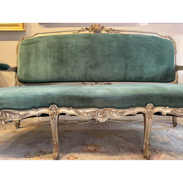 19th Century Antique 19th Century Louis XV Style Velvet Settee With Silver Leaf For Sale - Image 5 of 11
