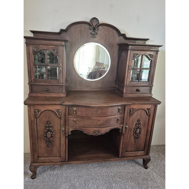 Victorian Late 19th-Century Victorian Hand-Carved Oak Buffet With a Beveled Mirror For Sale - Image 3 of 15