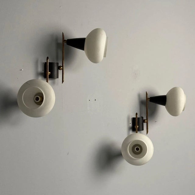 Italian Mid-Century Modern, Adjustable Wall Sconces, Brass, Opaline Glass, 1960s For Sale - Image 4 of 7