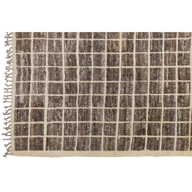 Brown 12x16 Brown Modern Moroccan Style Grid Hand-Knotted Wool Area Rug For Sale - Image 8 of 9