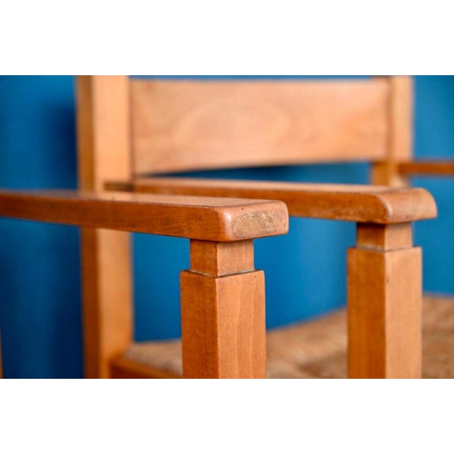 Brutalist French Armchairs in Elm and Straw, 1970s, Set of 3 For Sale - Image 4 of 17