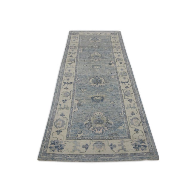 Early 21st Century Early 21st Century Blue Handwoven Turkish Oushak Runner 3'9" X 9'3" For Sale - Image 5 of 6