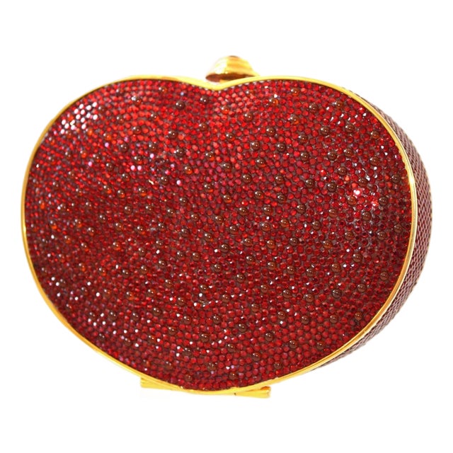 Judith Leiber Heart Red Burgundy Crystal Gold Bag Purse Evening Vintage Minaudiere Shoulder Clutch For Sale