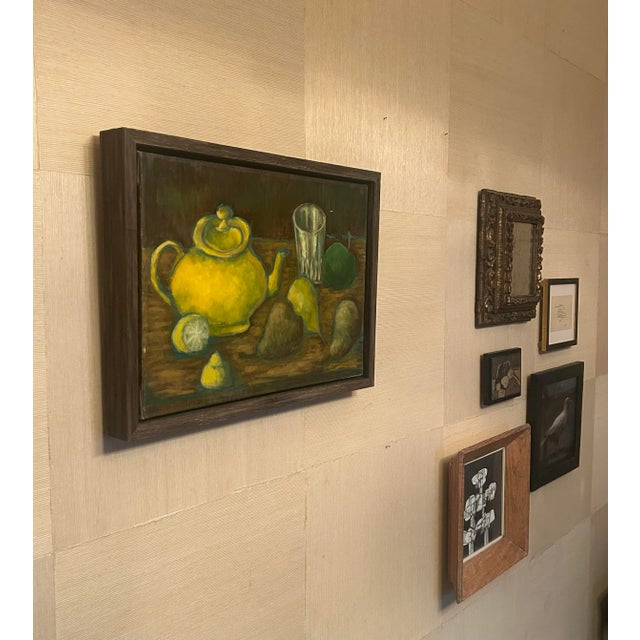Yellow Mid 20th Century “Théière Jaune Et Fruits” French Oil on Canvas Painting by Laurent Marcel Salinas For Sale - Image 8 of 10