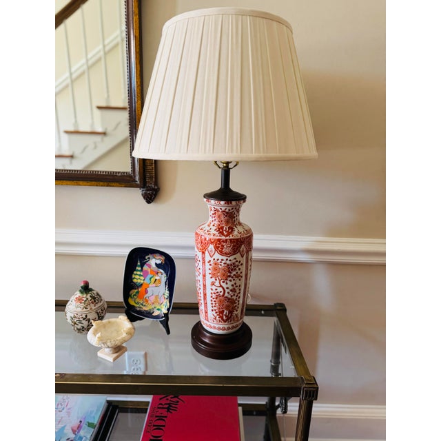 Vintage Pair of Asian Red Porcelain Lamps- Red Chinoiserie Lamps For Sale - Image 10 of 11
