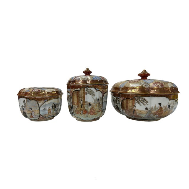 This exquisite set of three Japanese Satsuma covered jars embodies the pinnacle of Meiji-period craftsmanship style (circa...
