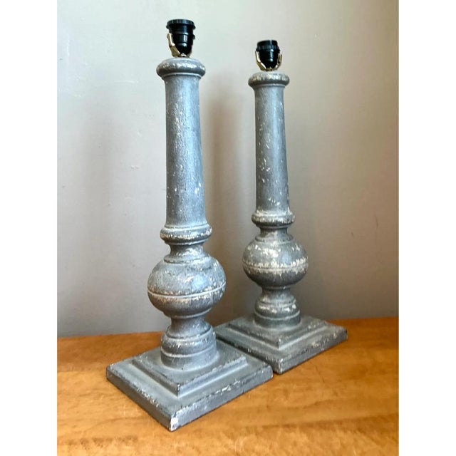 Vintage Distressed Wood Table Lamps - Pair For Sale - Image 4 of 12