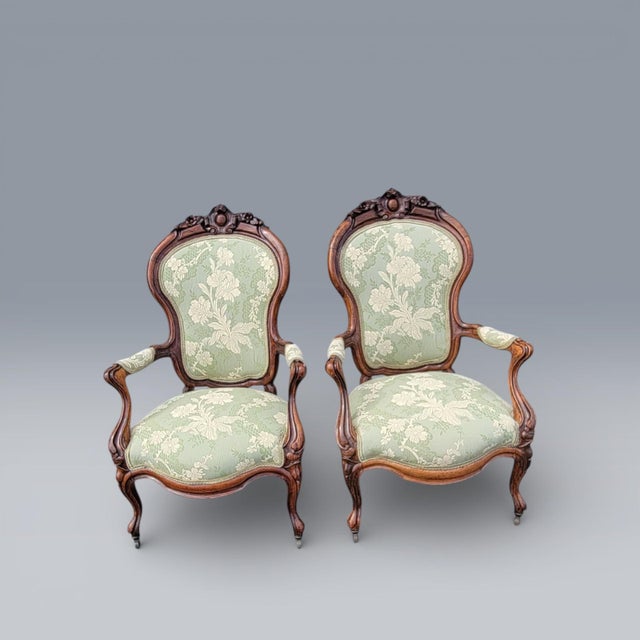 19th Century American Carved Rosewood Living Room Arm Chairs Newly Upholstered For Sale - Image 4 of 18