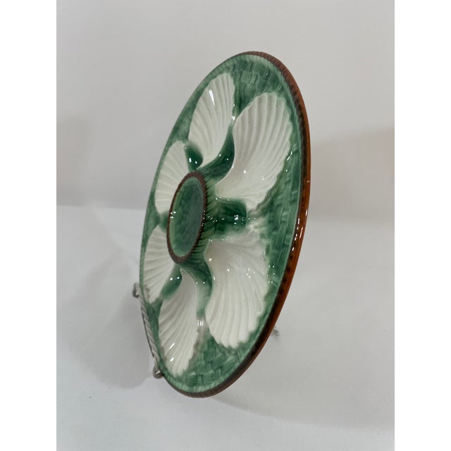 Ceramic 1920s Antique French Longchamp Majolica Green and White Oyster Plate For Sale - Image 7 of 13