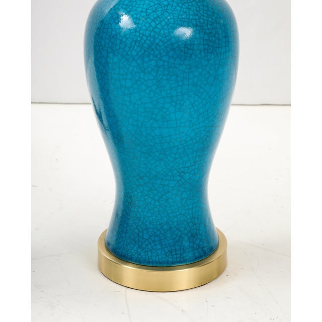 Cerulean Cerulean Blue crackle Glazed Ceramic Lamps - a Pair For Sale - Image 8 of 11