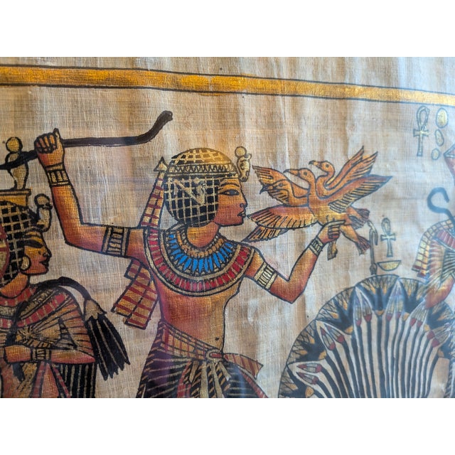 Textile Pair of Mid-Century Modern Framed Egyptian Papyrus Artworks, 20x24 Gold Aluminum Frames For Sale - Image 7 of 10