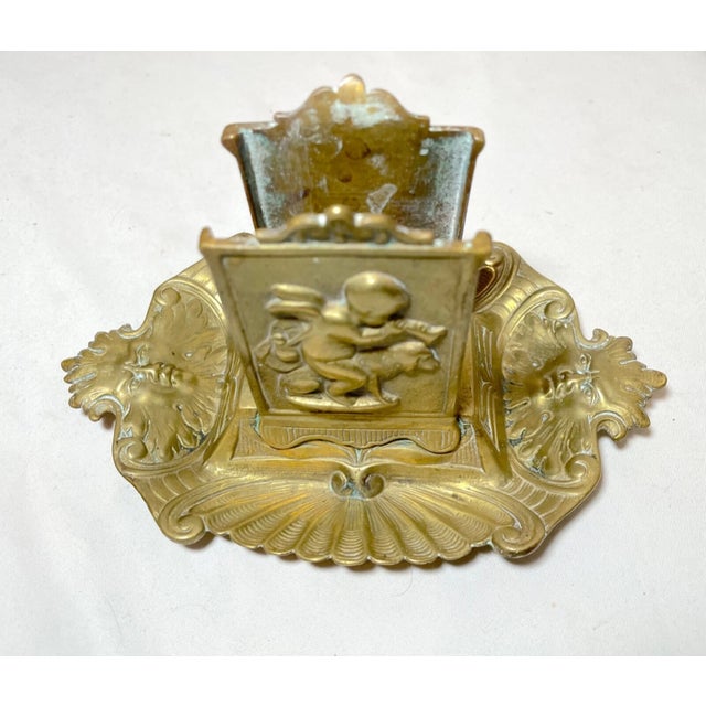 Antique 1800's Gilt Bronze Smoking Ashtray Cherub Match Safe Holder Stand Brass For Sale - Image 10 of 13