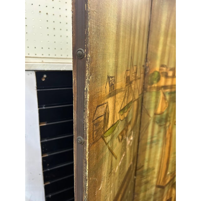 Antique hand-painted folk art room divider partition screen with nautical, commercial city harbor scene across 3 hinged...