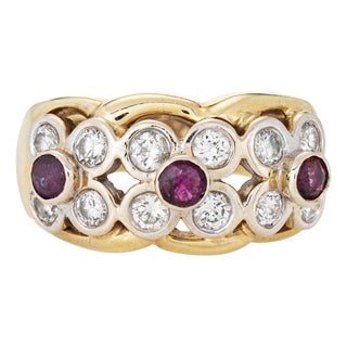 Ruby Diamond Flower Ring Vintage 14k Yellow Gold Sz 8.5 Wide Cigar Band For Sale