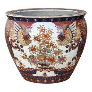 Oriental Vintage Porcelain Red Copper Color Phoenix Graphic Pot Planter