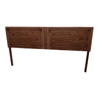 Vintage Lane Style King Size Headboard Wood Panel Textured Woven Border Brass Accents For Sale