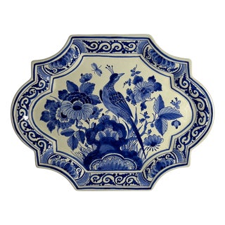 Vintage Hand-Painted Bird and Floral Wall Plaque from Royal Delft, 1980 For Sale