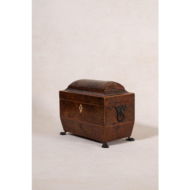 Regency burl yew tea caddy featuring figured veneers, inlaid stringing, and a hinged lid. A finely crafted early 19th-...
