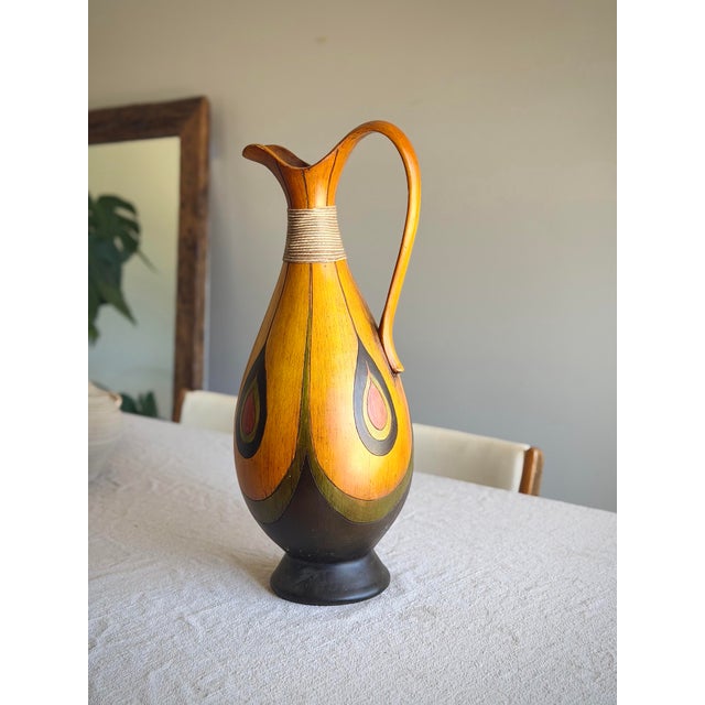 Vintage Midcentury African Bentwood Pitcher Vase With Sculptural Neck and Curving Handle, Teardrop Accents, Feather and Stone Tassel Detail For Sale In Los Angeles - Image 6 of 12