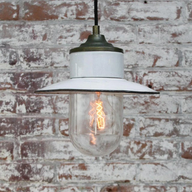Vintage Industrial White Enamel, Brass, Porcelain & Clear Glass Pendant Light For Sale - Image 4 of 6