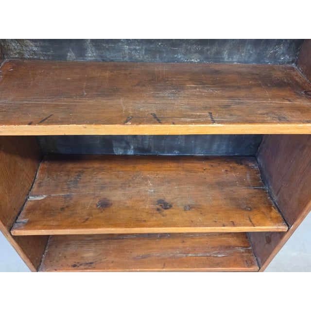 1930s Vintage Rustic Primitive Handmade Pine Bookcase With Metal Backing For Sale - Image 5 of 15