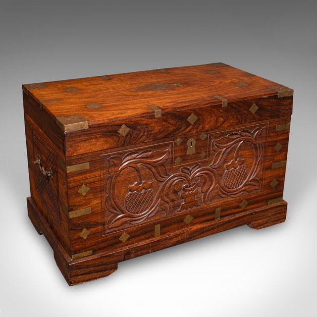 Victorian Antique Celebration Chest, Indian, Teak, Brass, Trunk, Coffee Table, Victorian For Sale - Image 3 of 12