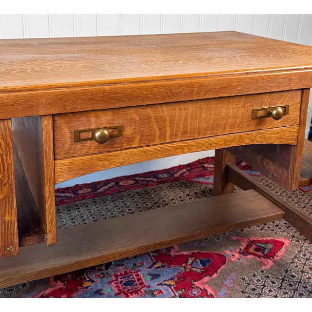 Brown Antique Charles Limbert Arts & Crafts Quartersawn Oak Writing Desk W/ Bookshelf For Sale - Image 8 of 17