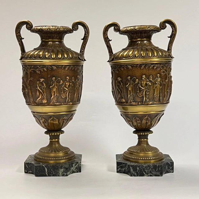 Late 19th Century Antique Roman Neoclassical Patinated Bronze Vases - A Pair For Sale - Image 5 of 12