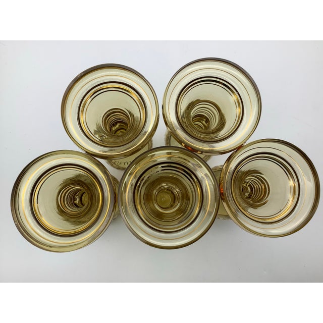 Glass Antique Moser Bohemian Clear Gilded Blown Glass Wine Goblet, With Gold Floral Flowers and Leafs on Stem With Open End, Set of 5 For Sale - Image 7 of 12