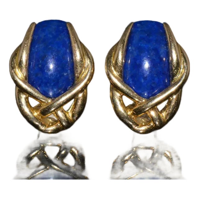 1980s Italian Greek 18K 750 Solid Gold Lapis Lazuli Cluster Clip On Earrings, A Pair For Sale
