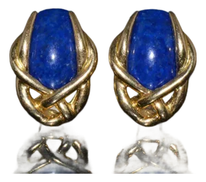 1980s Italian Greek 18K 750 Solid Gold Lapis Lazuli Cluster Clip On Earrings, A Pair