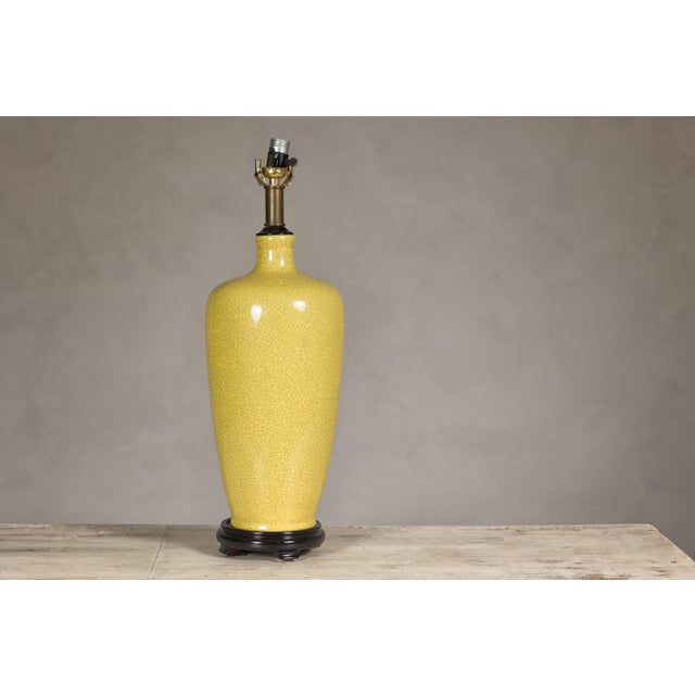Wood Late 20th Century Yellow Crackle Glazed Ceramic Vase Made into Table Lamp on Wooden Base For Sale - Image 7 of 9