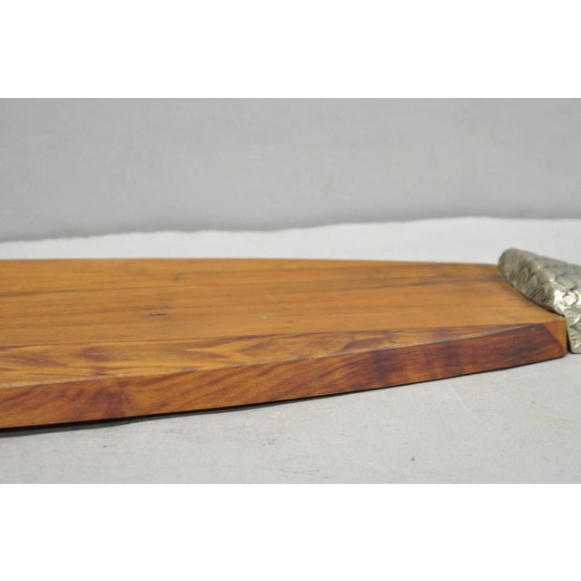 Vintage Mid Century Modern Teak Wood & Metal Fish Serving Platter Cutting Board For Sale In Philadelphia - Image 6 of 13