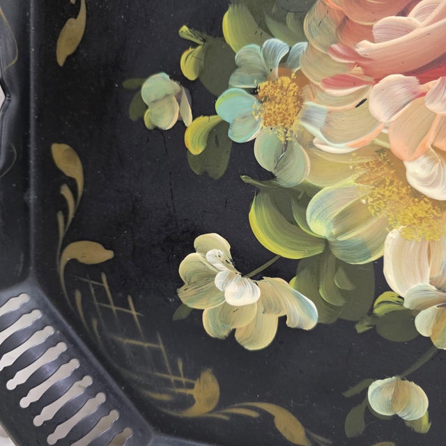 Metal Mid 20th Century Hand Painted Black Floral Tray Vanity Serving Toleware Coffee Table Entryway Decor For Sale - Image 7 of 7