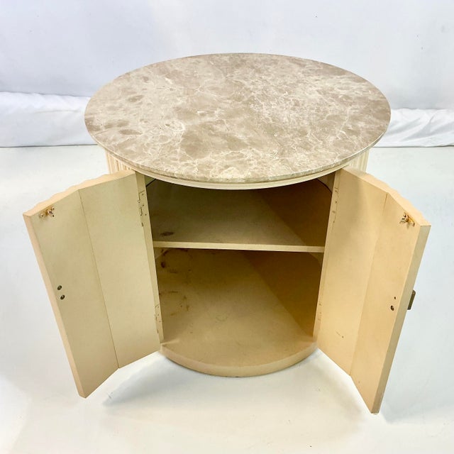 Ecru Vintage Neoclassical Roman Contemporary Century Furniture Drum Marble Top Side Table For Sale - Image 8 of 16