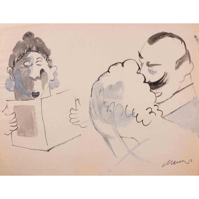 China ink and watercolor drawing on paper realized by Mino Maccari in 1932 ca. Hand signed lower right. Very good...