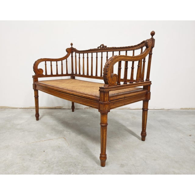 Louis XVI Hand-Carved Bench in style of with Hand-Woven Cane Seat For Sale - Image 10 of 12