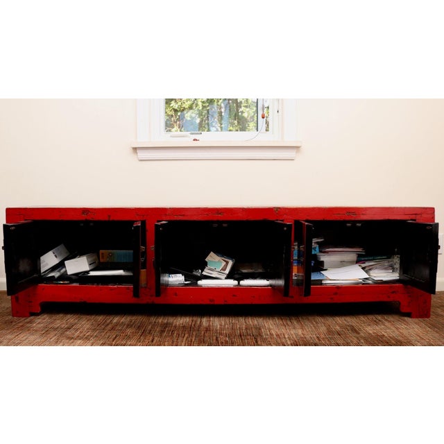 Antique Chinese Low Red Elmwood Cabinet For Sale - Image 12 of 12