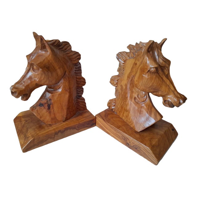 Vintage MCM Exquisite Beechwood Hand Carved Horse Head Bookends-Pair For Sale